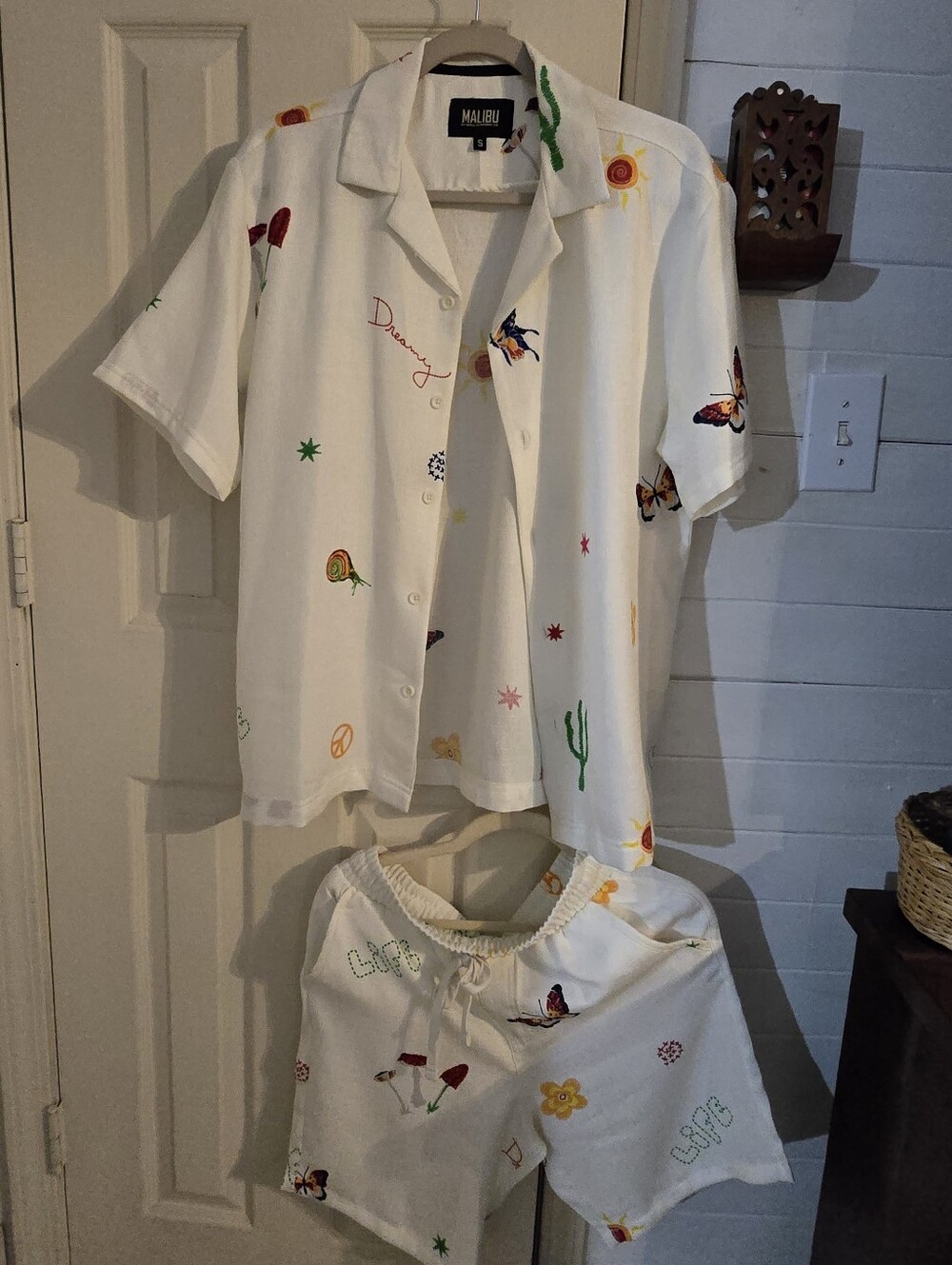 Malibu White Pajama Set with Multicolor Nature Motifs
